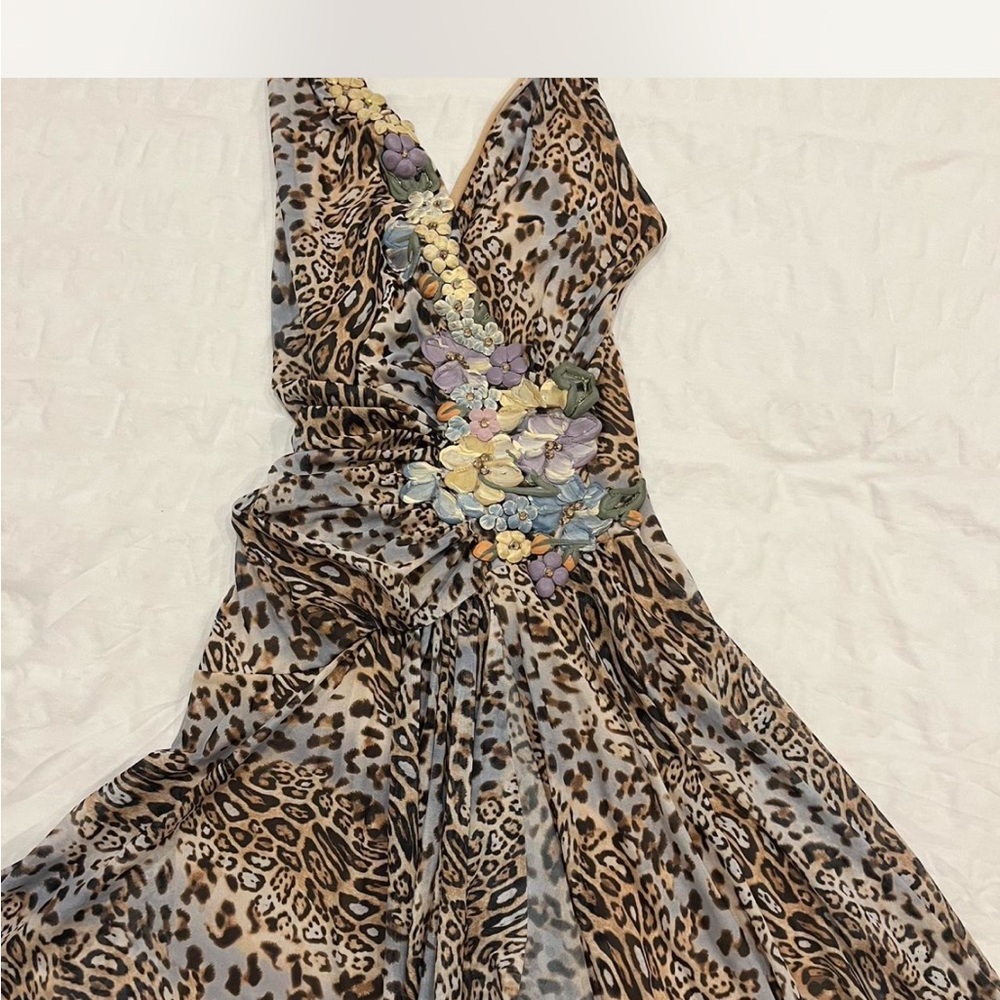 Ema Savahl Leopard Print V-Neck Dress with Floral Accents